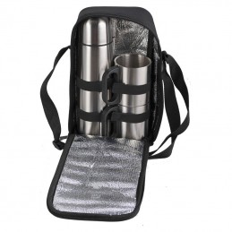 HAPPY OUTING thermos set and 2 thermo cups in shoulder bag,  silver/black - R08215